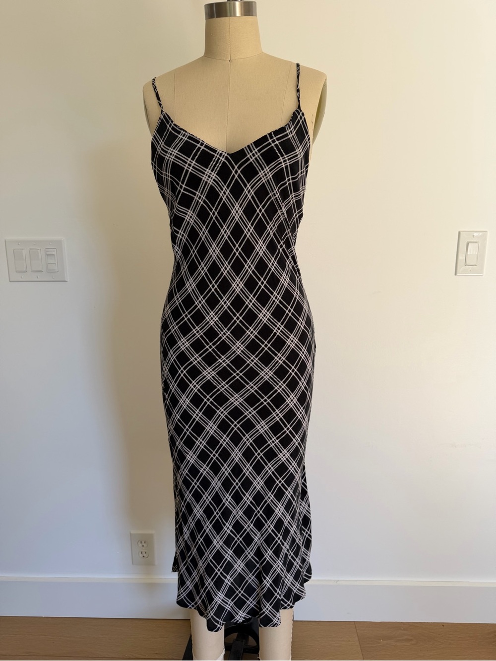 Vanessa Mooney Black & White Plaid Slip Midi Dress